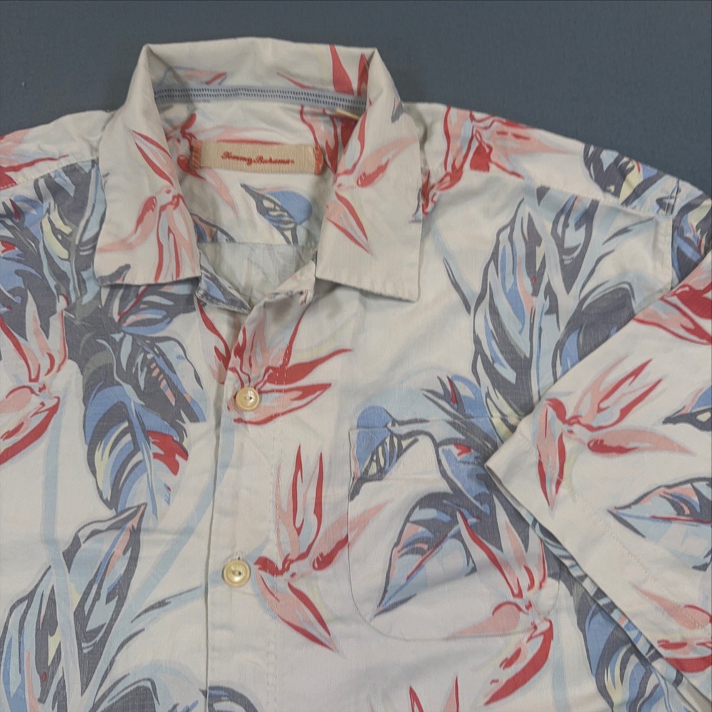 Tommy Bahama Mens XL Silk Tropical Bird of Paradise Camp Shirt Cream Blue Red